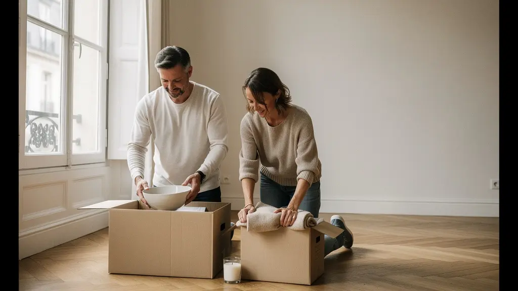 Vue large et minimaliste d’un salon français : un couple trie quelques objets du quotidien dans deux boites neutres, avec beaucoup d’espace vide, suggérant une simplification choisie.