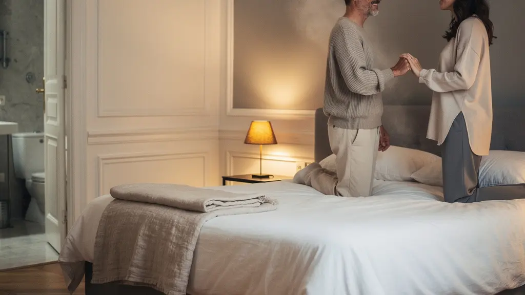 Un couple se retrouve dans une chambre chaleureuse, éclairée par une lumière ambrée, dans un appartement parisien, avec un grand espace vide pour le titre.