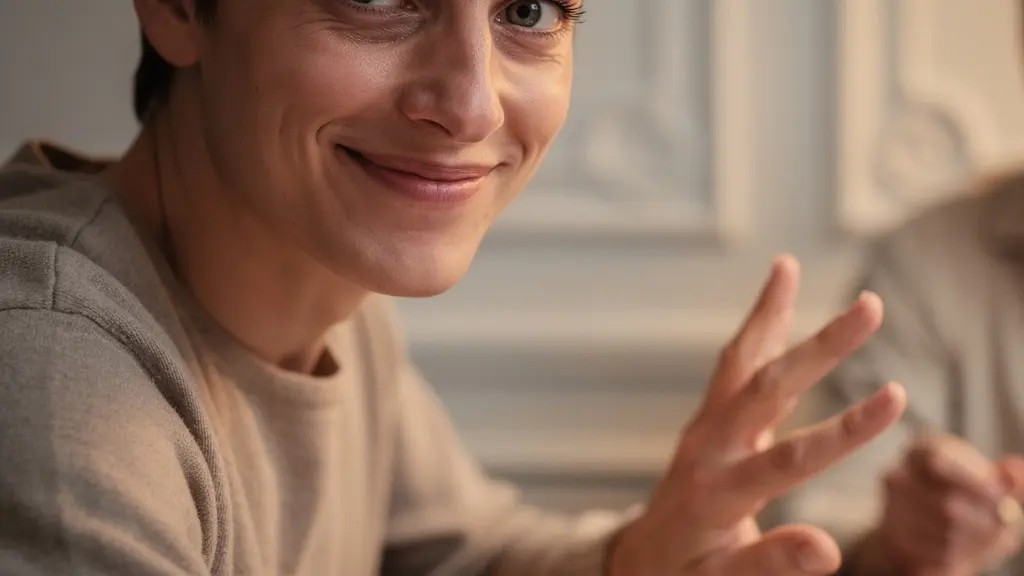 Gros plan d’un visage qui retient ses larmes pendant un repas familial, avec des mains floues qui gesticulent en arrière-plan.