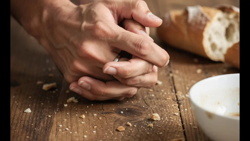 Deux mains entrelacées posées sur une table de cuisine française avec des miettes de pain, dans une lumière matinale douce