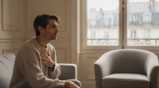 Une personne adulte assise seule près d’une fenêtre dans un appartement parisien, lumière douce de fin de journée, atmosphère calme et introspective après une rupture.