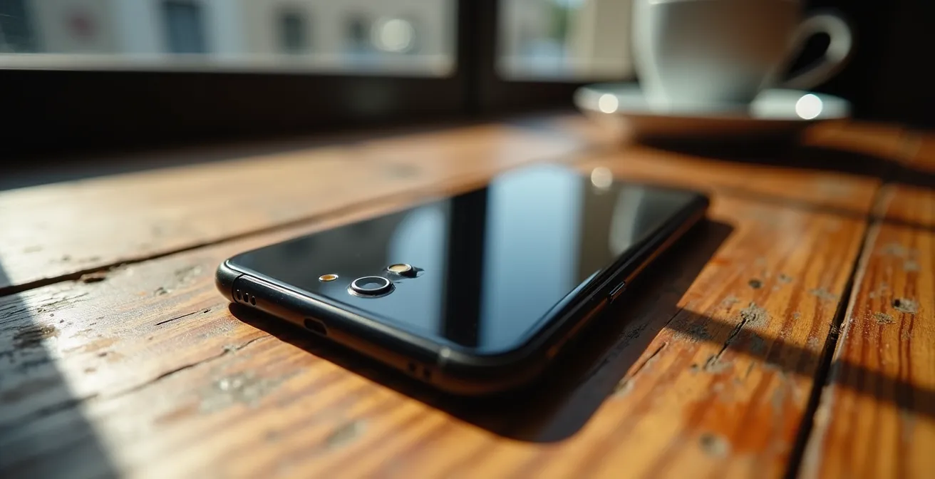 Smartphone face cachée sur table de bistrot parisien avec café fumant