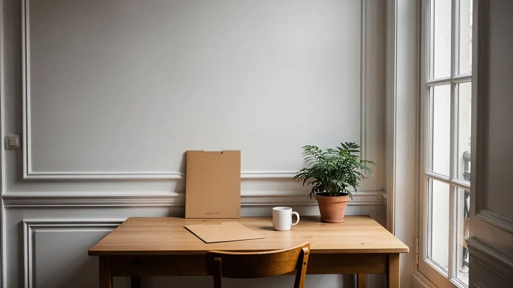 Vue d'ensemble minimaliste d'un bureau domestique épuré dans un appartement français, avec une chaise vide et une tasse de café posée près d'une pile de dossiers fermés