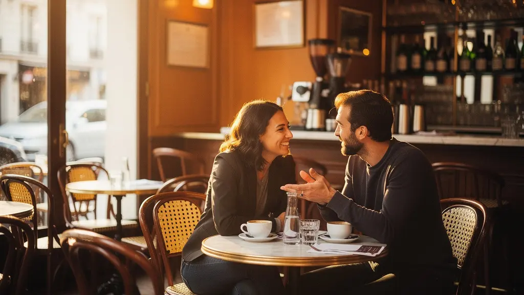 Deux personnes assises face à face dans un café parisien, captivées par une conversation animée et complice, baignées dans une lumière dorée naturelle