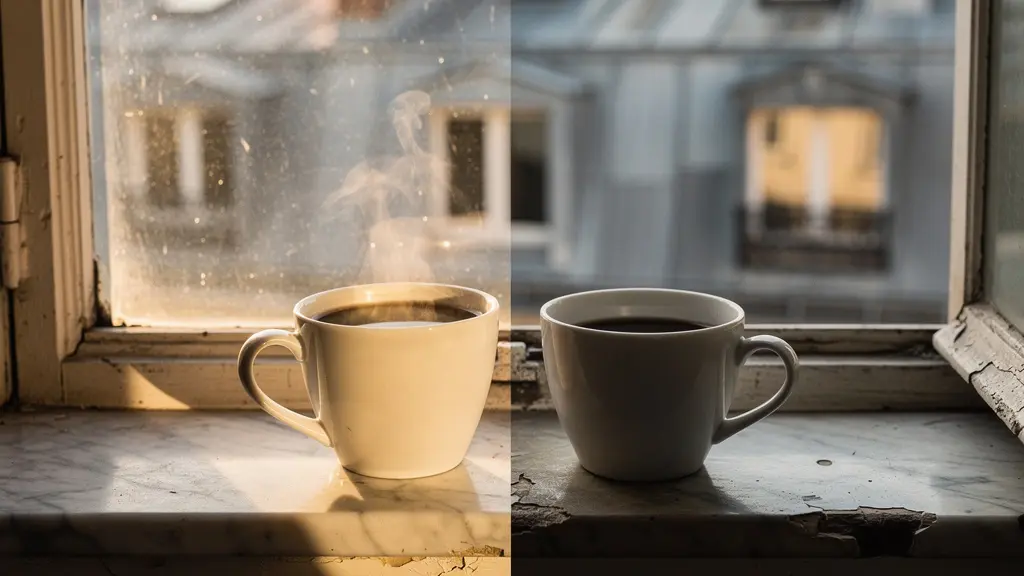 Deux tasses de café posées côte à côte sur un rebord de fenêtre parisien, séparées par un rayon de lumière, symbolisant la cohabitation en télétravail