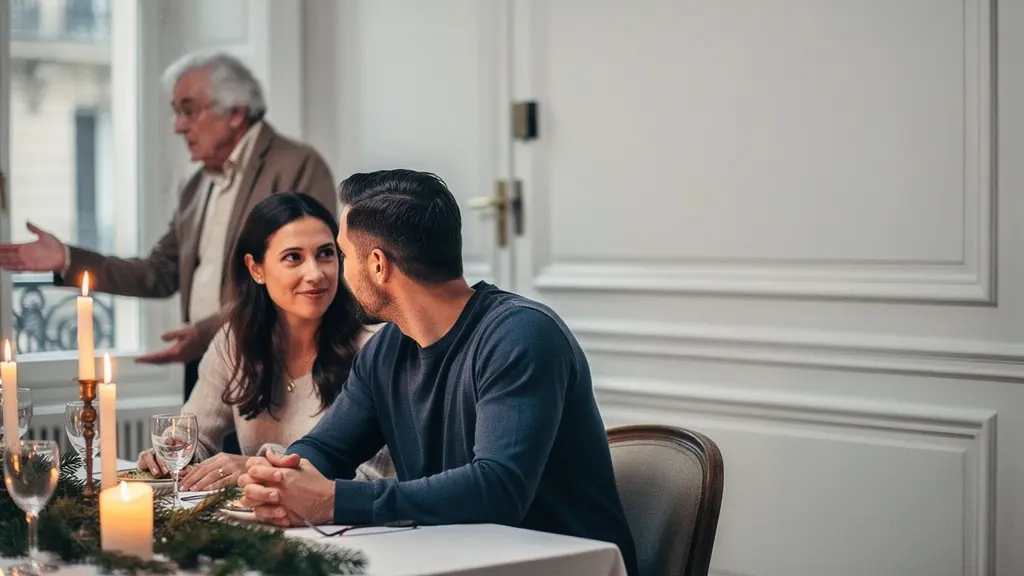 Un couple échange un regard complice mais tendu pendant un repas de fêtes, avec la belle-famille floue en arrière-plan dans un appartement français.
