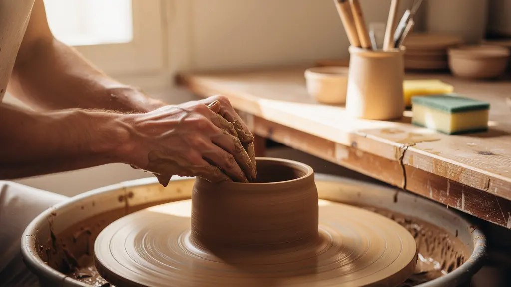 Mains travaillant de l'argile sur un tour de potier, illustrant une activité de flow solitaire permettant de se valoriser indépendamment du statut professionnel