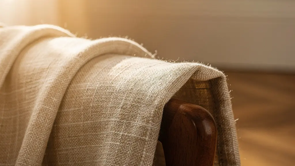 Détail macro d'un tissu en lin naturel froissé dans des tons écrus posé sur un fauteuil, évoquant le homewear chic masculin à la française