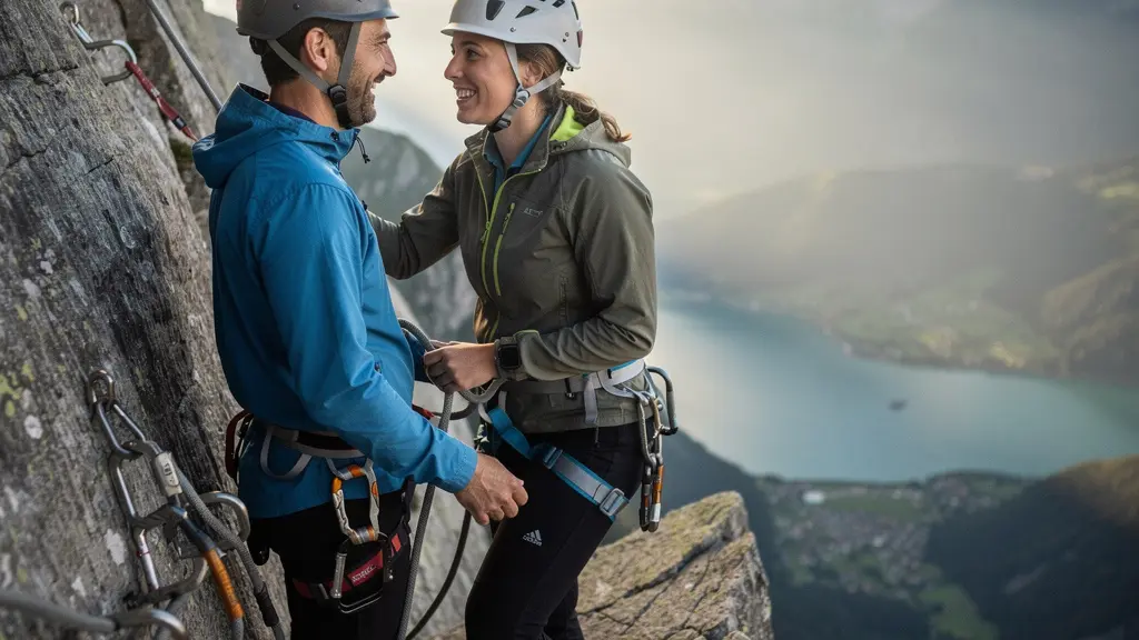 Deux adultes sur une via ferrata dans les Alpes françaises partagent un moment d’adrénaline et de complicité, illustrant le transfert d’excitation sans élément textuel.